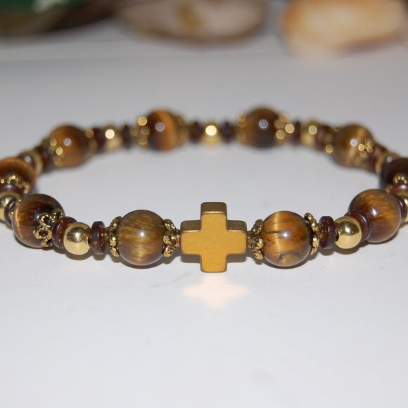 Cross Bracelet,Rosary Bracelet,Tiger Eye Bracelet,Cross Rosary Bracelet,Tiger Ey - Picture 1 of 5